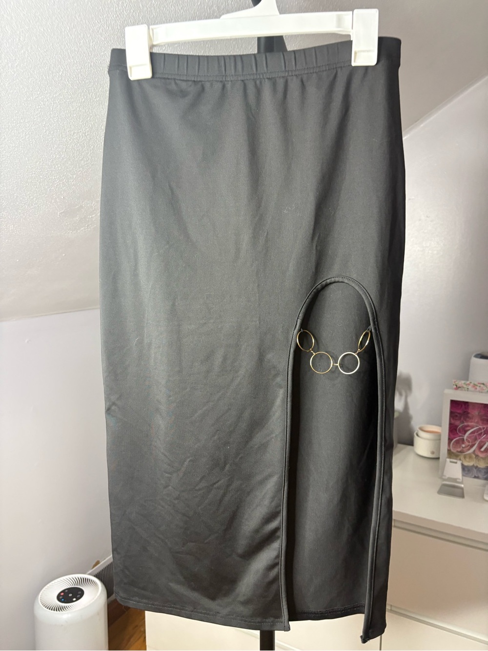 Black Midi Skirt with Side Ring Detail - Women's Skirt